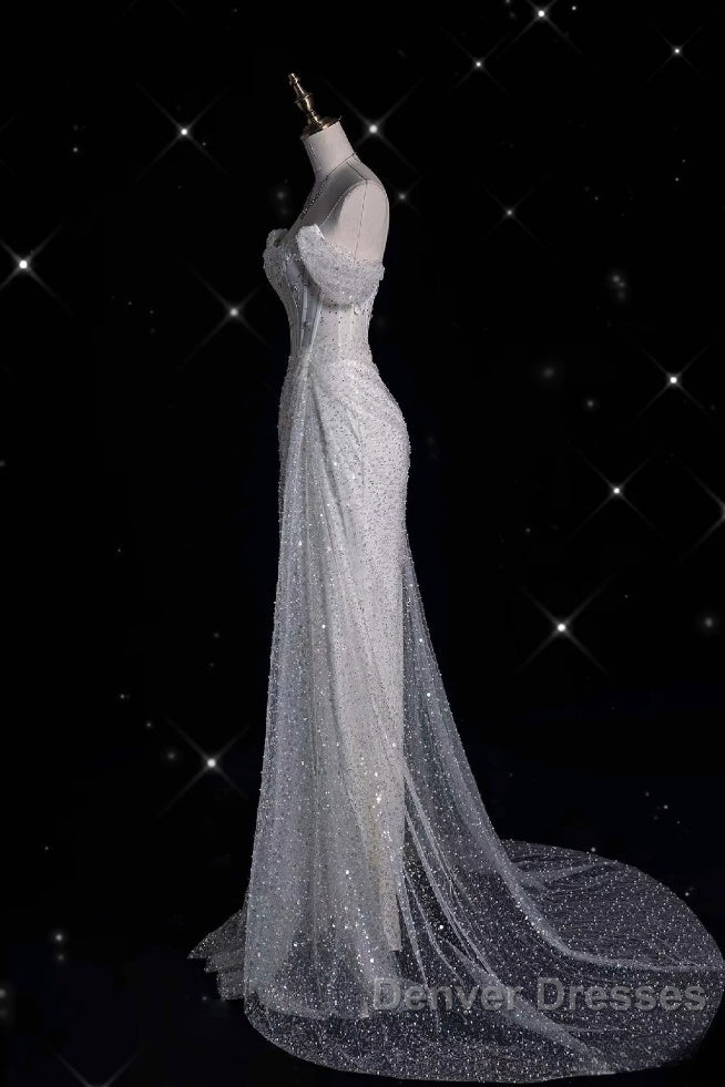 Unique Mermaid Off The Shoulder Sequin Short Sleeves White Wedding Dress Brides Dress