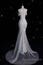 Unique Mermaid Off The Shoulder Sequin Short Sleeves White Wedding Dress Brides Dress