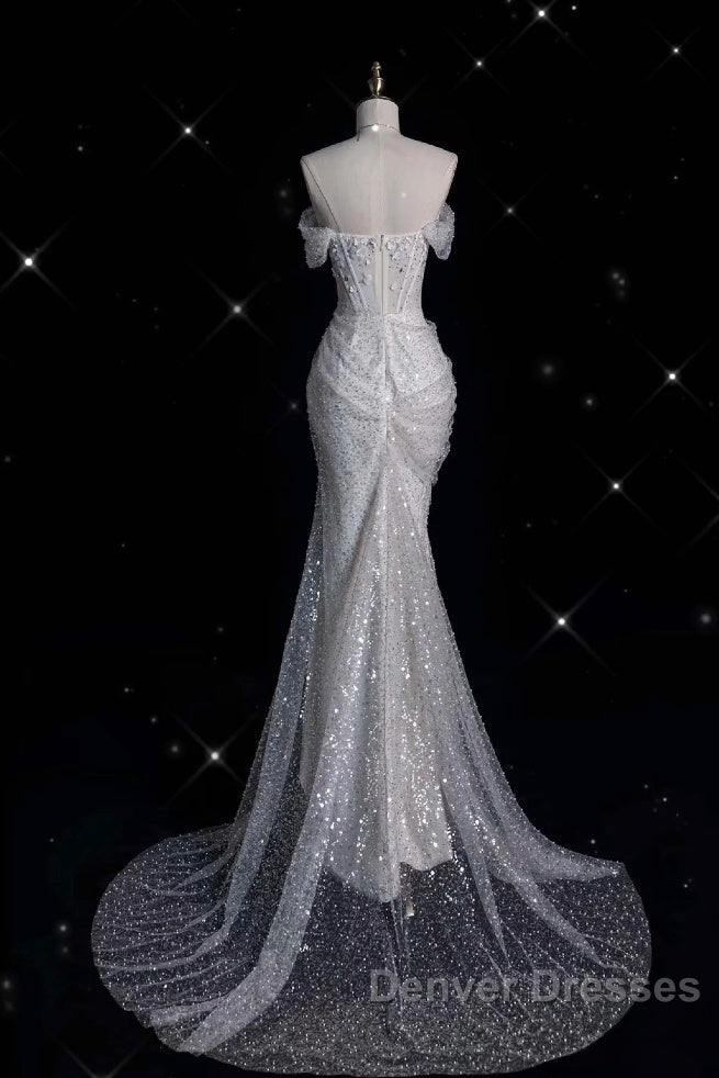 Unique Mermaid Off The Shoulder Sequin Short Sleeves White Wedding Dress Brides Dress