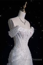 Unique Mermaid Off The Shoulder Sequin Short Sleeves White Wedding Dress Brides Dress
