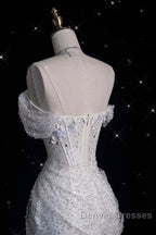 Unique Mermaid Off The Shoulder Sequin Short Sleeves White Wedding Dress Brides Dress