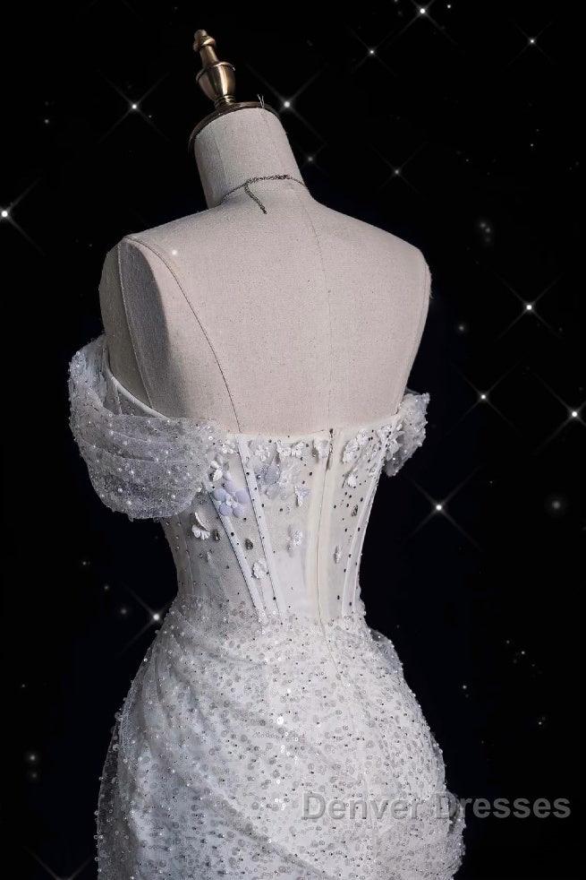 Unique Mermaid Off The Shoulder Sequin Short Sleeves White Wedding Dress Brides Dress