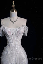 Unique Mermaid Off The Shoulder Sequin Short Sleeves White Wedding Dress Brides Dress