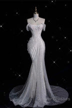 Unique Mermaid Off The Shoulder Sequin Short Sleeves White Wedding Dress Brides Dress