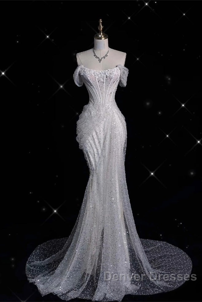 Unique Mermaid Off The Shoulder Sequin Short Sleeves White Wedding Dress Brides Dress