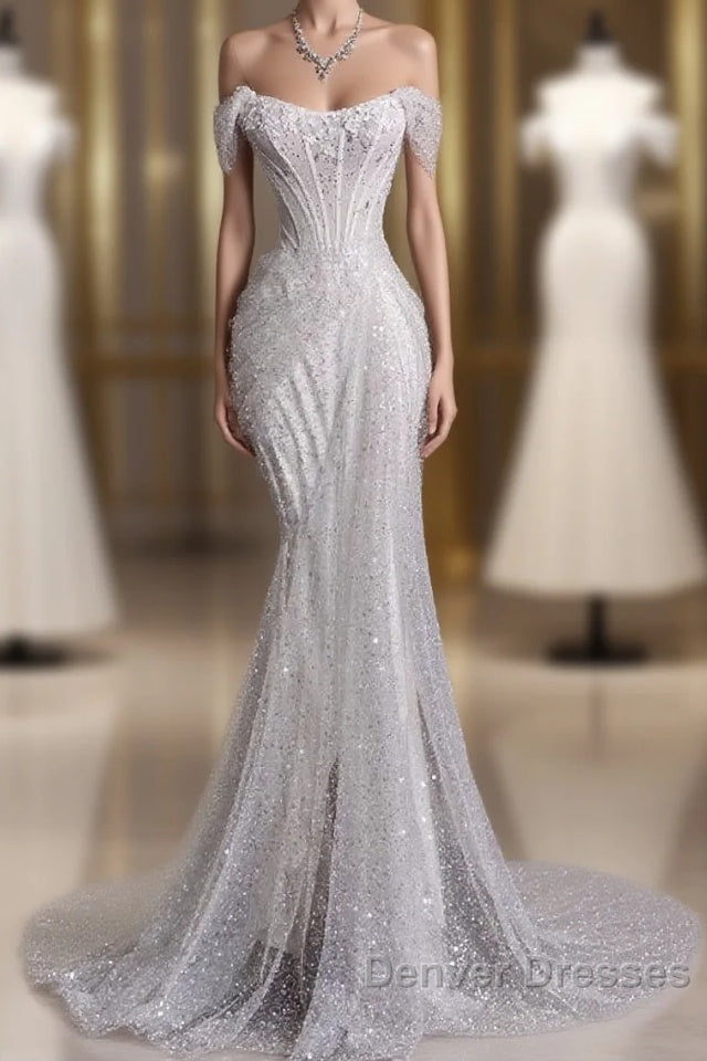 Unique Mermaid Off The Shoulder Sequin Short Sleeves White Wedding Dress Brides Dress Main image