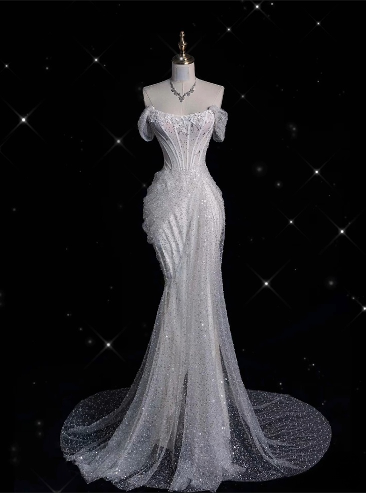 Unique Mermaid Off The Shoulder Sequin Short Sleeves White Wedding Dress Brides Dress Main image