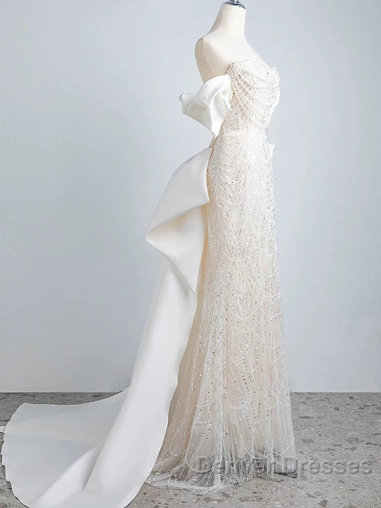 Unique Mermaid Off The Shoulder Short Sleeves Long White Sequin Wedding Dress Secondary image