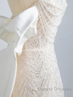 Unique Mermaid Off The Shoulder Short Sleeves Long White Sequin Wedding Dress