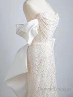 Unique Mermaid Off The Shoulder Short Sleeves Long White Sequin Wedding Dress