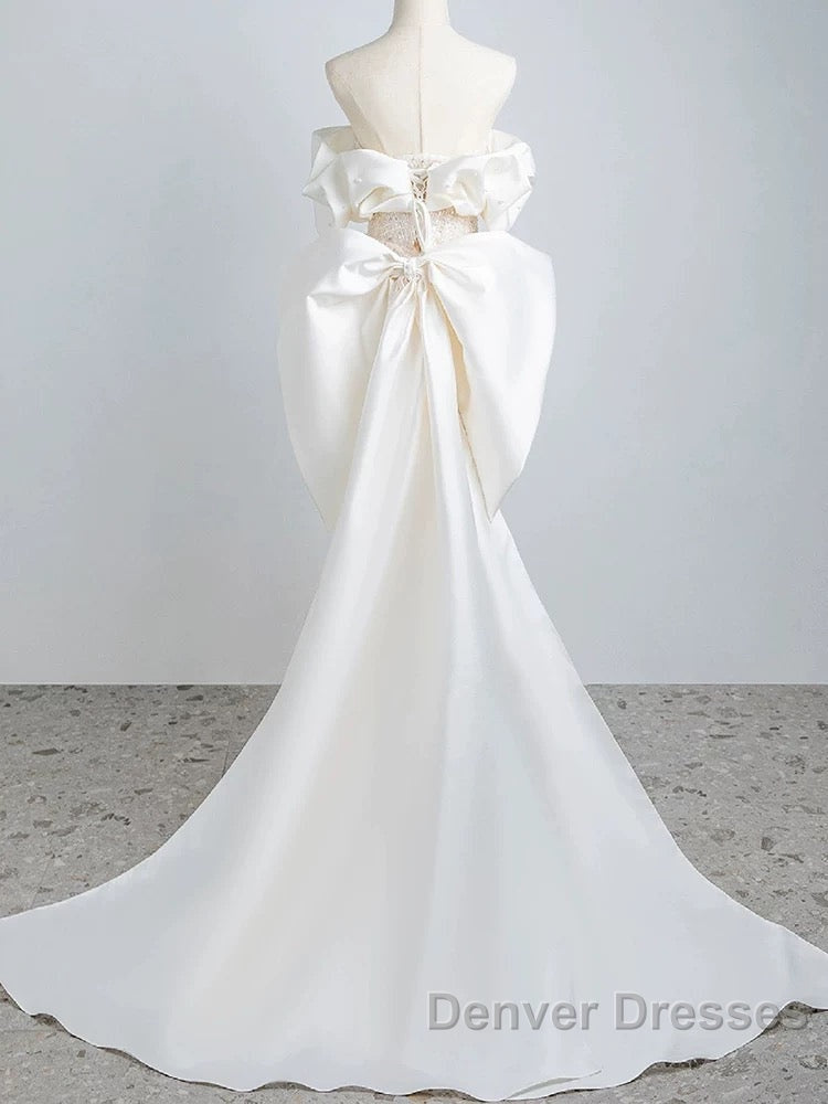 Unique Mermaid Off The Shoulder Short Sleeves Long White Sequin Wedding Dress