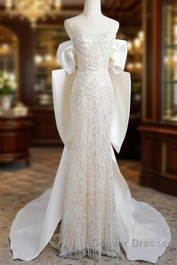 Unique Mermaid Off The Shoulder Short Sleeves Long White Sequin Wedding Dress Main image