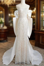 Unique Mermaid Off The Shoulder Short Sleeves Long White Sequin Wedding Dress