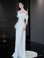 Unique Mermaid Off The Shoulder White Long Wedding Dresses With Short Sleeves Brides Dress