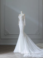 Unique Mermaid Scoop Neckline Long Sleeves Wedding Dress White Brides Dress
