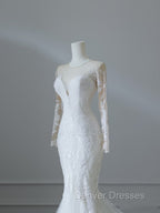 Unique Mermaid Scoop Neckline Long Sleeves Wedding Dress White Brides Dress