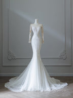 Unique Mermaid Scoop Neckline Long Sleeves Wedding Dress White Brides Dress