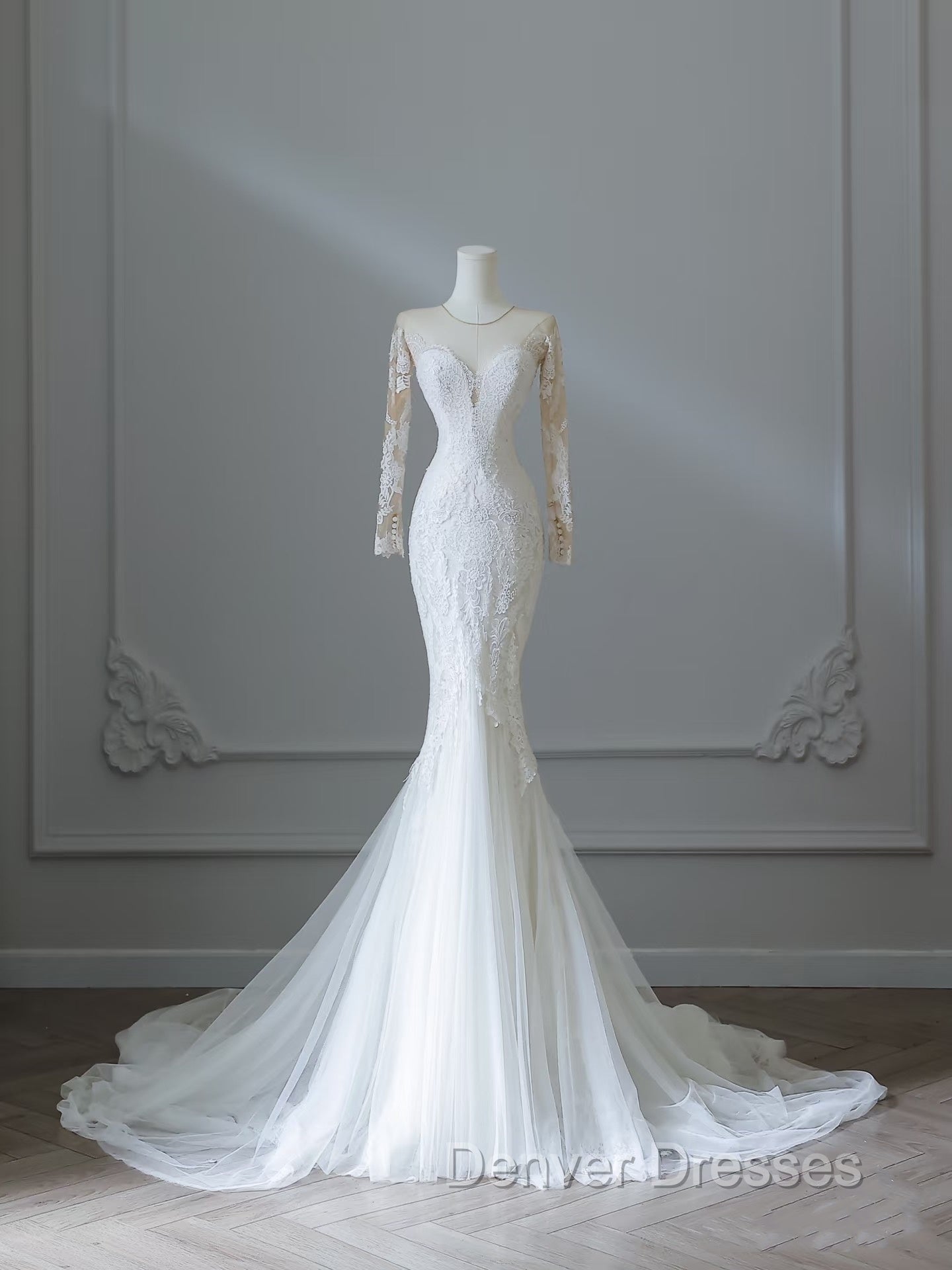 Unique Mermaid Scoop Neckline Long Sleeves Wedding Dress White Brides Dress
