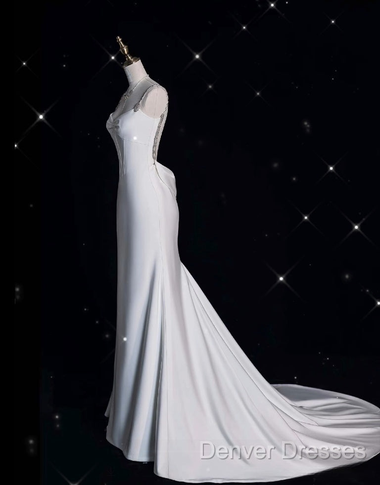 Unique Mermaid Spaghetti Straps Satin White Wedding Dress Brides Dress Secondary image