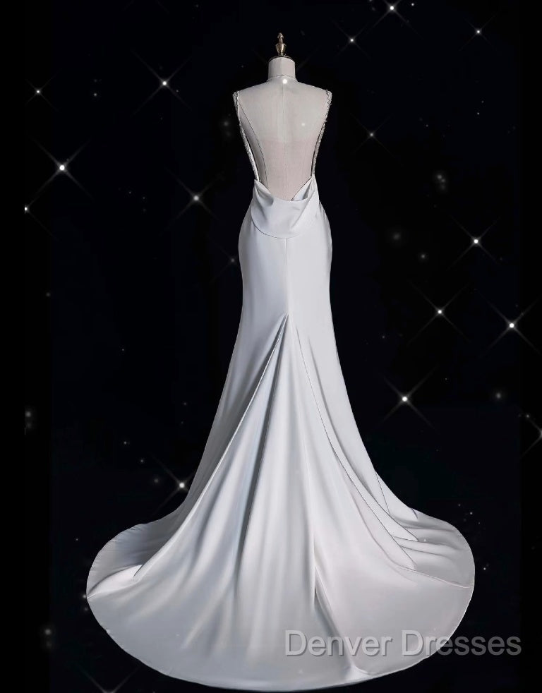 Unique Mermaid Spaghetti Straps Satin White Wedding Dress Brides Dress