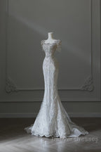 Unique Mermaid Square Neckline Short Sleeves Wedding Dress White Brides Dress