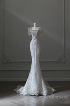 Unique Mermaid Square Neckline Short Sleeves Wedding Dress White Brides Dress