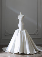 Unique Mermaid Strapless Ivory Satin Wedding Dress Brides Dress