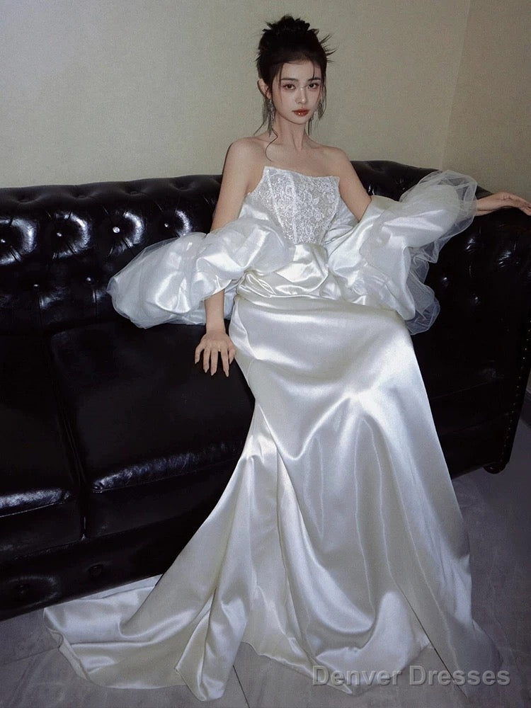 Unique Mermaid Strapless Lace Pleats White Satin Ruffles Wedding Dresses