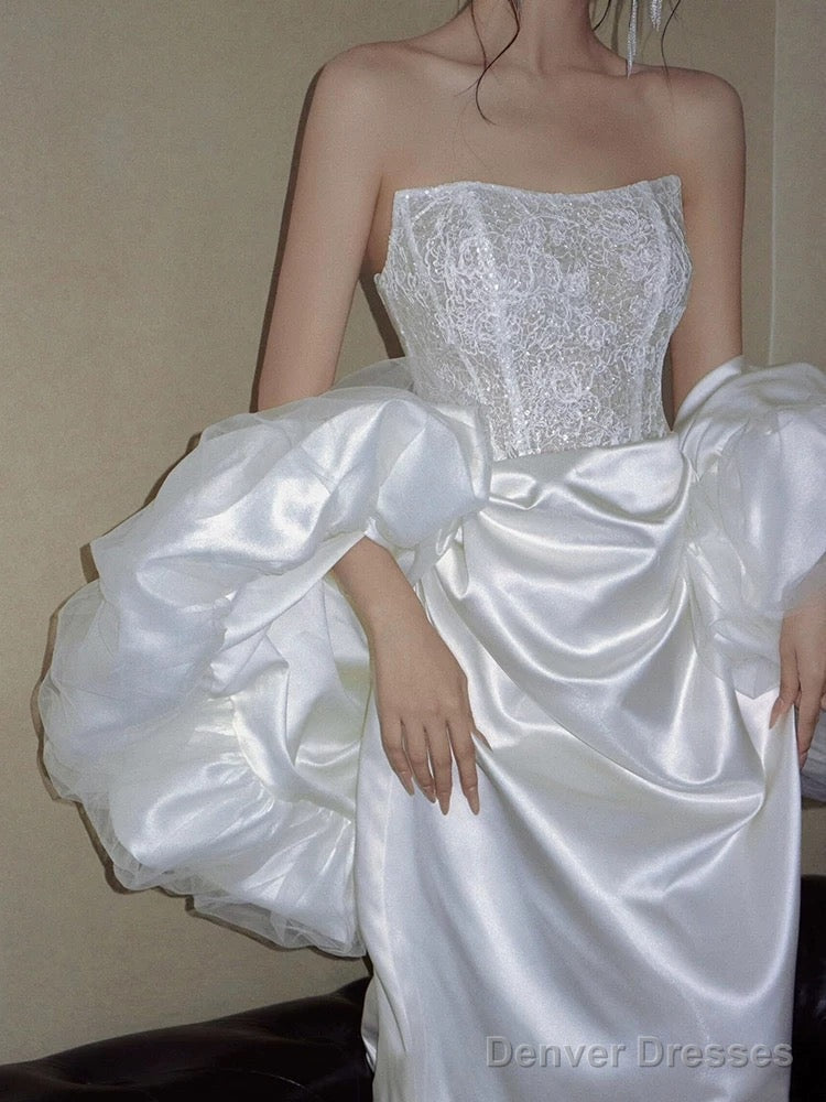 Unique Mermaid Strapless Lace Pleats White Satin Ruffles Wedding Dresses