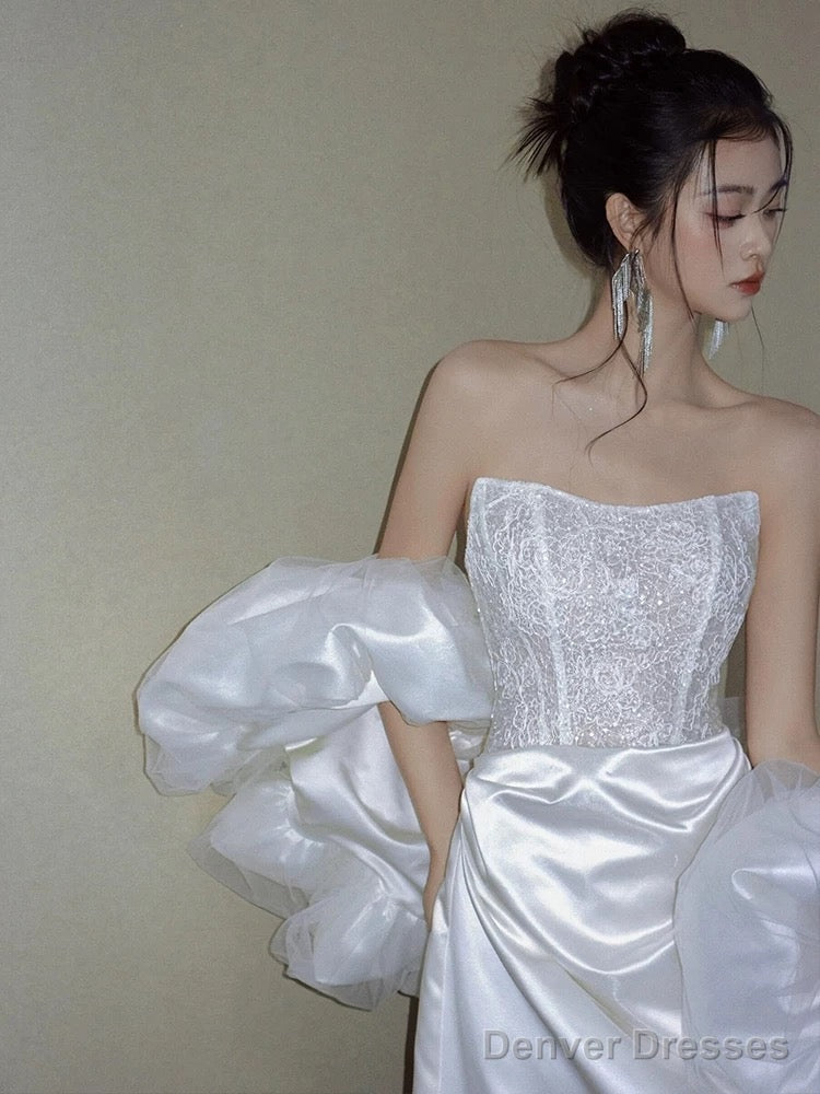 Unique Mermaid Strapless Lace Pleats White Satin Ruffles Wedding Dresses