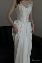 Unique Mermaid Strapless Pleats Long White Satin Lace Wedding Dresses Brides Dress