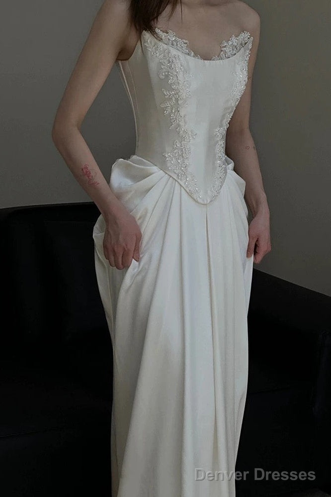 Unique Mermaid Strapless Pleats Long White Satin Lace Wedding Dresses Brides Dress