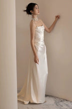Unique Mermaid Strapless Pleats Long White Satin Wedding Dresses