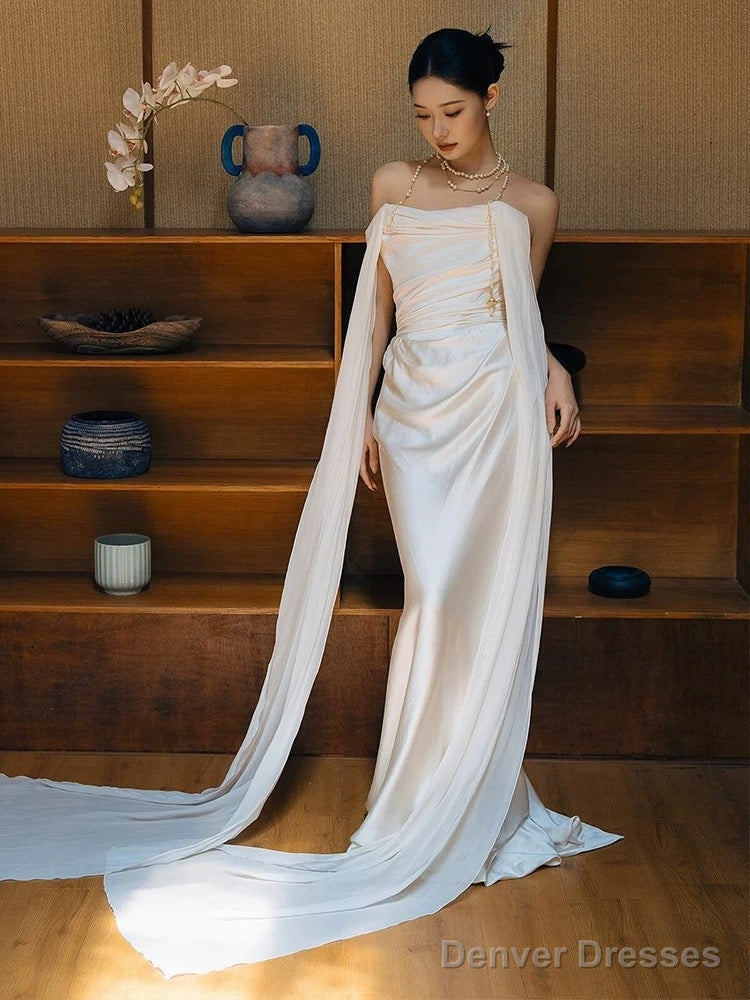 Unique Mermaid Strapless Satin Pleats White Ruffles Wedding Dresses