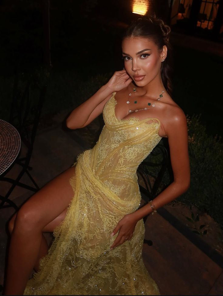 Unique Mermaid Sweetheart Yellow Lace Slit Prom Dress Long Party Dress 21St Birthday Outfits Graduation Dress