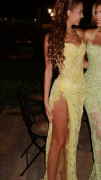 Unique Mermaid Sweetheart Yellow Lace Slit Prom Dress Long Party Dress 21St Birthday Outfits Graduation Dress