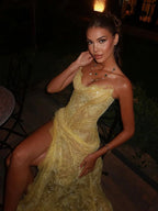 Unique Mermaid Sweetheart Yellow Lace Slit Prom Dress Long Party Dress 21St Birthday Outfits Graduation Dress