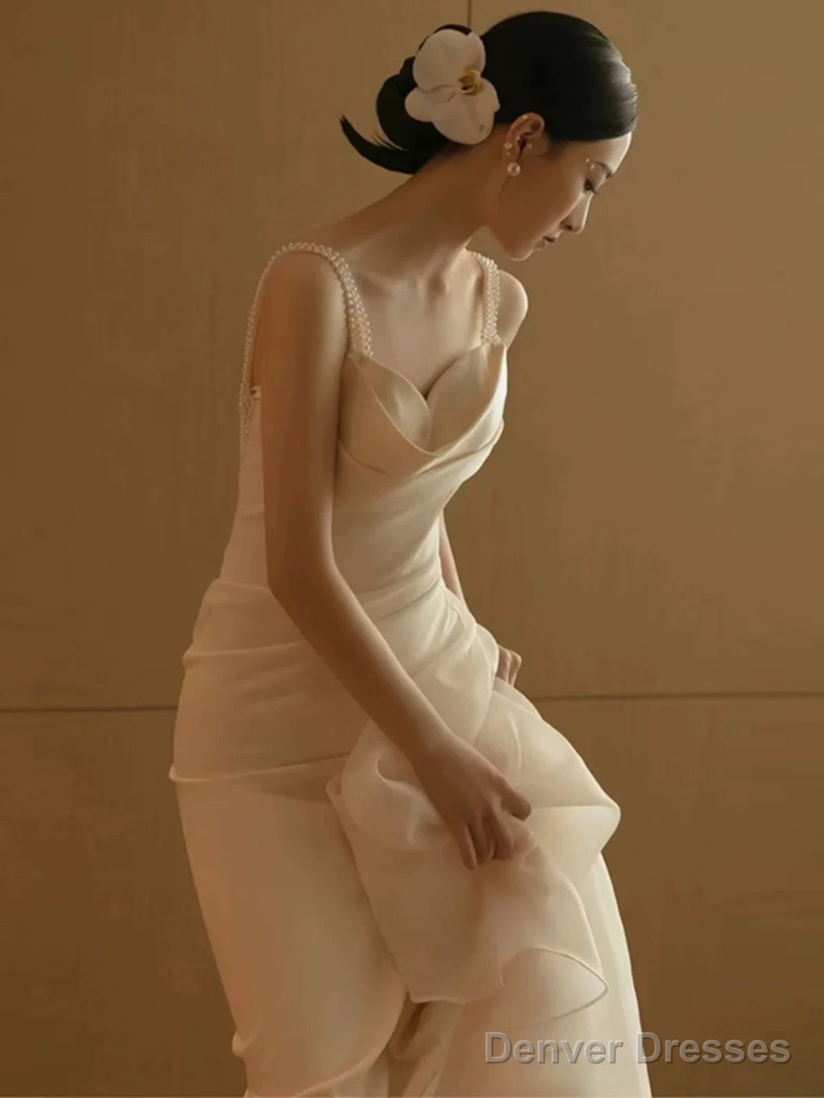 Unique Mermaid Straps Backless Pearls Pleats White Satin Ruffles Wedding Dresses Main image