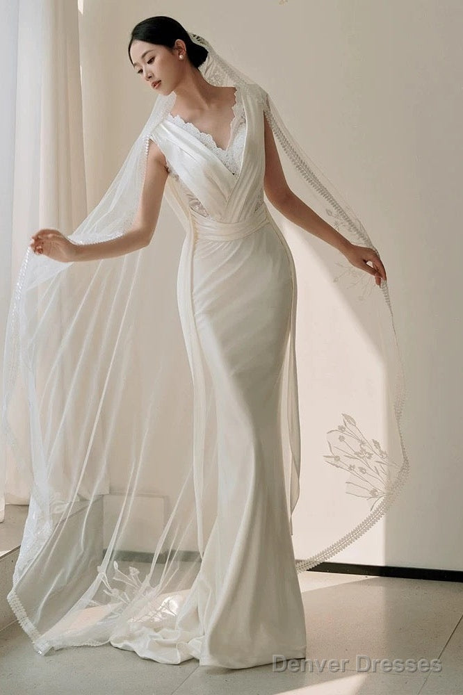 Unique Mermaid V Neckline Lace Pleats White Satin Ruffles Wedding Dresses Secondary image