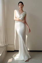 Unique Mermaid V Neckline Lace Pleats White Satin Ruffles Wedding Dresses