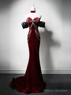 Unique Mermaid Velvet Burgundy Long Prom Dress, Burgundy Long Evening Dress