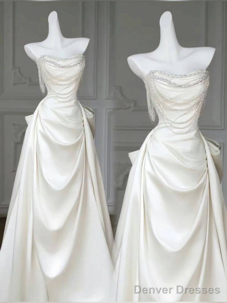 Unique Mermaid White Satin Strapless Pleats Long Satin Wedding Dress Secondary image
