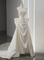 Unique Mermaid White Satin Strapless Pleats Long Satin Wedding Dress