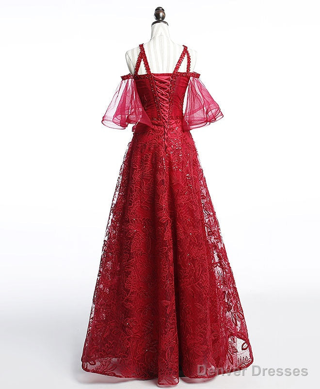 Unique Off Shoulder Tulle Lace Burgundy Long Prom Dress, Evening Dress Secondary image