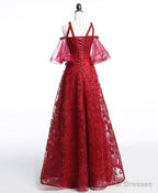 Unique Off Shoulder Tulle Lace Burgundy Long Prom Dress, Evening Dress