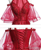 Unique Off Shoulder Tulle Lace Burgundy Long Prom Dress, Evening Dress