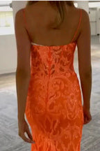 Orange Fashion Unique V-Neck Dress Long Lace Mermaid Slim Fit Slit Ball Gown Evening Dress