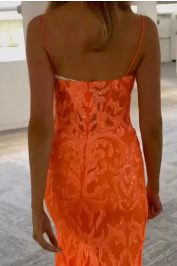 Orange Fashion Unique V-Neck Dress Long Lace Mermaid Slim Fit Slit Ball Gown Evening Dress