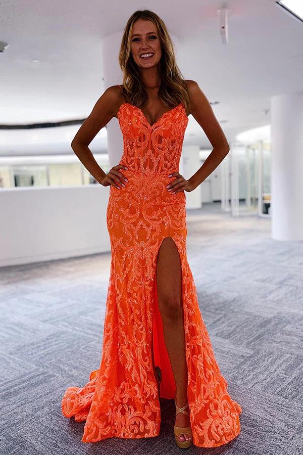 Orange Fashion Unique V-Neck Dress Long Lace Mermaid Slim Fit Slit Ball Gown Evening Dress Main image