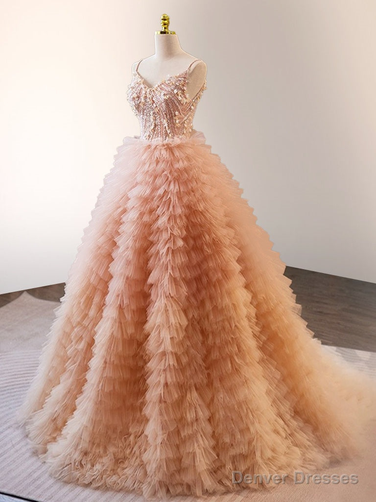 Unique Orange V Neck Tulle Sequin Orange Pink Long Quinceanera Dress Main image